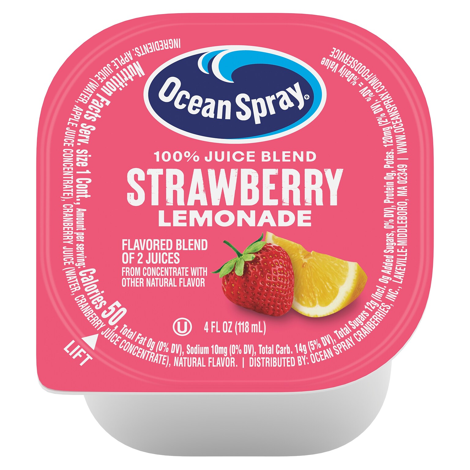 Ocean Spray 100% Strawberry Lemonade Juice Blend, No Sugar Added, No Pulp, 4 oz., 48/Pack (220-02960)