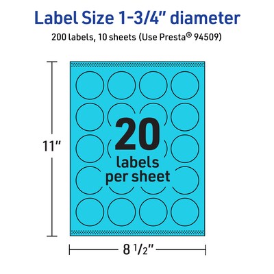 Avery Printable Circle Multipurpose Labels, 1.75" Dia., Bright Blue, 200/Pack (94509)