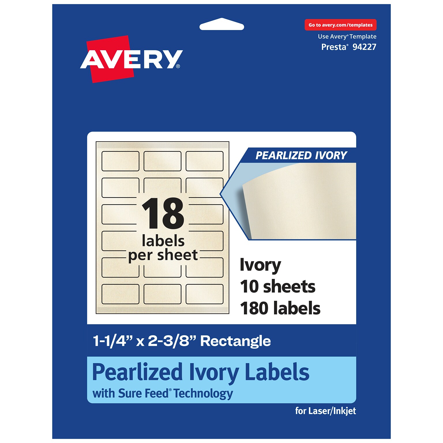 Avery Pearlized Ivory Rectangle Multipurpose Labels, 1-1/4 x 2-3/8, Ivory, 180/Pack (94227)