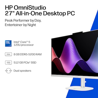 HP OmniStudio 27 All-in-One Desktop PC, Intel Core 5 120U, 8GB RAM, 512GB SSD, Windows 11 Home, Mouse & Keyboard (D77SXAA#ABA)