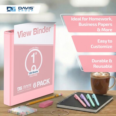 Davis Group, 1", 8.5" x 11", Round Ring View Binder, Pastel Color, Blush, 6/Pack (7411-11-06)