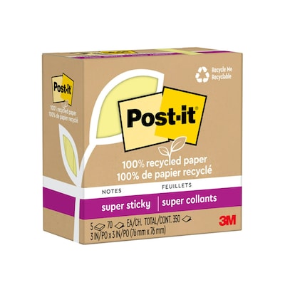 Post-it Recycled Super Sticky Notes, 3 x 3, Canary Collection, 70 Sheets/Pad, 5 Pads/Pack (654R-5S