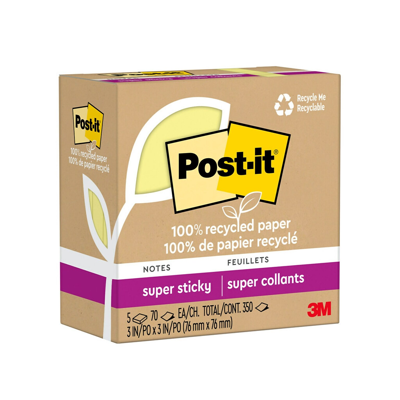 Post-it Recycled Super Sticky Notes, 3 x 3, Canary Collection, 70 Sheets/Pad, 5 Pads/Pack (654R-5SSCY)