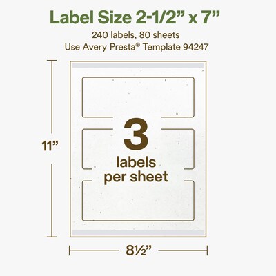 Avery Hemp Rectangle Laser/Inkjet Multipurpose Labels, 2-1/2" x 7", Off-White (240/Box)