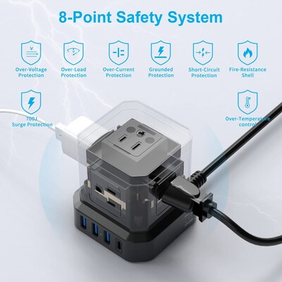 Uncaged Ergonomics Cube 5-Outlet 4-USB Port Surge Protector, 10', Black (PC-b-c)