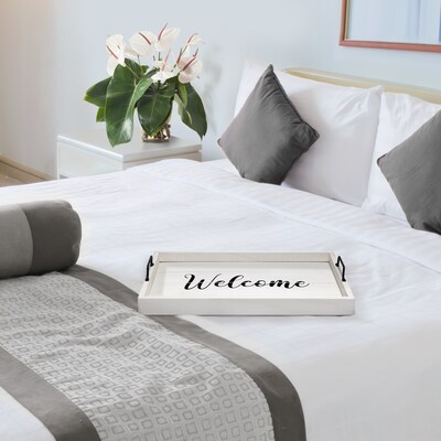 Elegant Designs "Welcome" Decorative Wood Serving Tray w/ Handles, 15.50" x 12", White Wash (HG2000-WWC)