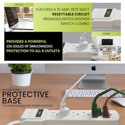 GoGreen Power 6 Outlet Surge Protector, 12' cord, White (GG-16103M-12)