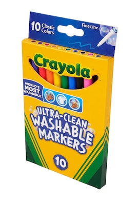 Crayola Ultra-Clean Washable Markers, Fine Line, Assorted Colors,  10/Box (58-7852)