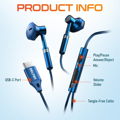 Delton 18EC USB-C Earbuds with Microphone, Blue (DWH18ECBL)