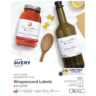 Avery Waterproof Wraparound Laser/Inkjet Labels, 3 1/4 x 7 3/4, White, 2 Labels/Sheet, 8 Sheets/Pa