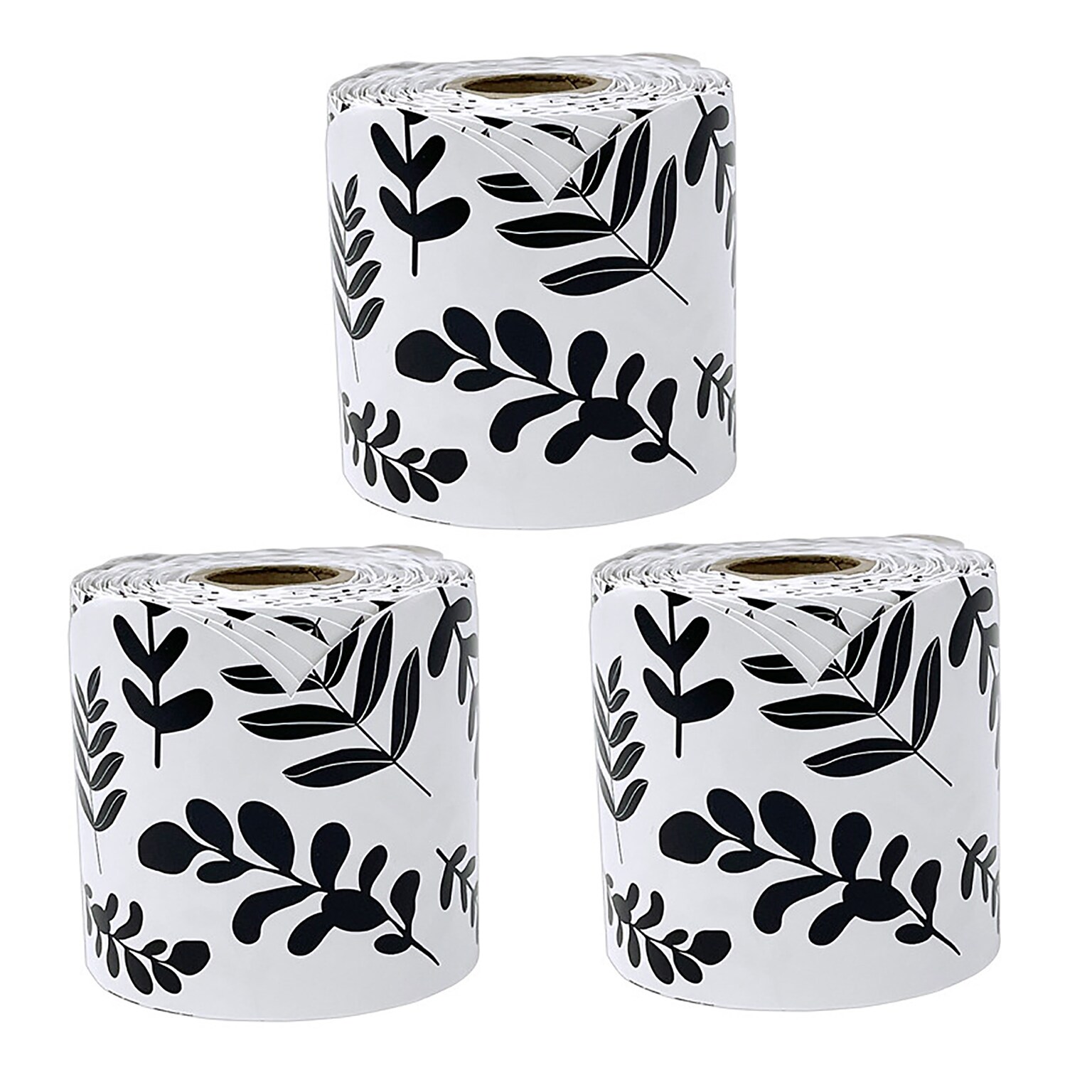 Carson Dellosa Education Rolled Scalloped Borders, 3x 65, White with Black Leaves, 3/Bundle (CD-108497-3)
