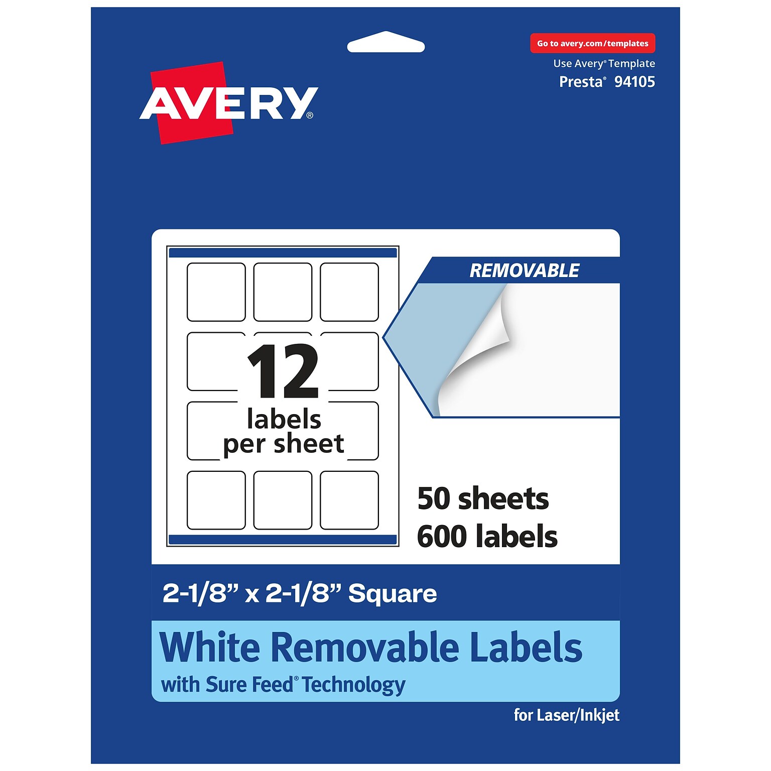 Avery Laser/Inkjet Square Multipurpose Labels, 2-1/8 x 2-1/8, White, 600 Labels/Box (94105)