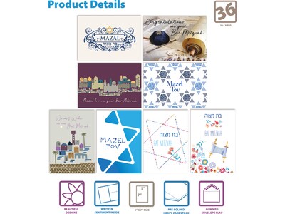 Better Office Jewish Celebration Cards with Envelopes, 5 x 7, Assorted Colors, 36/Pack (64626-36PK