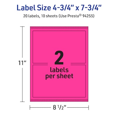 Avery Rectangle Laser/Inkjet Multipurpose Labels, 4.75" x 7.75", Neon Magenta (20/Pack)