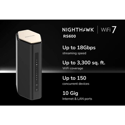 Netgear Nighthawk RS600 802.11be 18000Mbps Tri-Band MU-MIMO WiFi 7 Gaming Router, Black (RS600-100NAS)