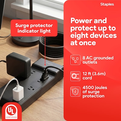 Staples TECH 8-Outlet Surge Protector, 12, 4500 Joules, Black (ST62782)