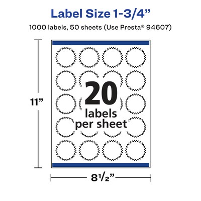 Avery Laser/Inkjet Multipurpose StarburstLabels, 1.75" Dia, Glossy Clear, 1000/Box (94607)