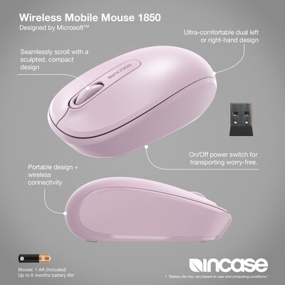 Incase Designed by Microsoft Wireless Mobile 1850 Ambidextrous Optical USB Mouse, Light Orchid (U7Z-00021)