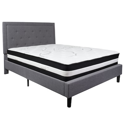 Flash Furniture Roxbury Tufted Upholstered Platform Bed in Light Gray Fabric with Pocket Spring Matt