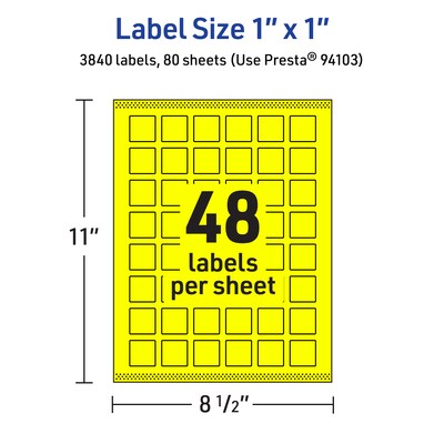 Avery Laser/Inkjet Multipurpose Square Labels, 1" x 1", Neon Yellow, 3840/Box (94103)