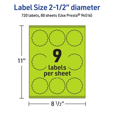 Avery Decorative Edge Multipurpose Labels, 2.5" Dia., Bright Green, 720/Box (94516)
