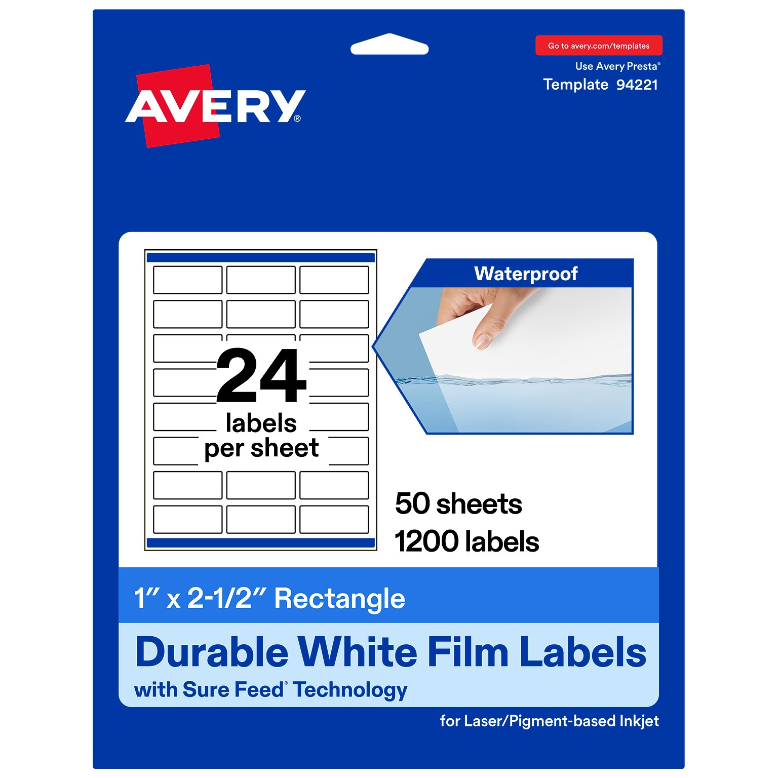 Avery Laser/Inkjet Rectangle Waterproof Multipurpose Labels, 2.5  x 1, White, 1200/Box (94221)