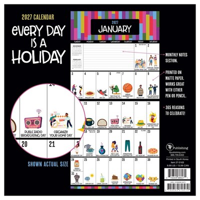 2027 TF Publishing Every Day's A Holiday 7" x 7" Monthly Wall Calendar, Multicolored (27-2103)