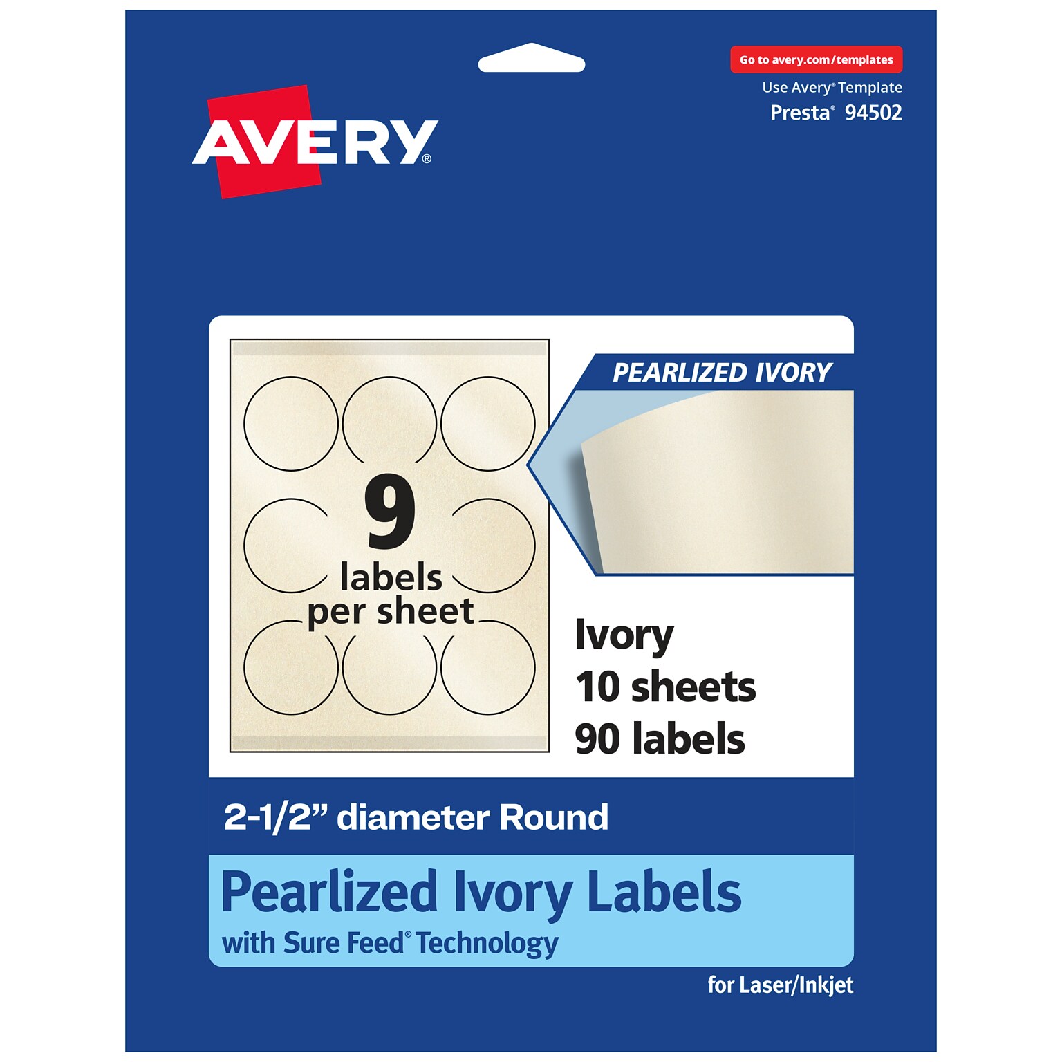 Avery Pearlized Ivory Circle Multipurpose Labels, 2.5 Dia., Ivory, 90/Pack (94502)