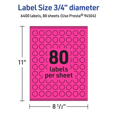 Avery Laser/Inkjet Waterproof Round Multipurpose Labels, 0.75" Dia., Neon Magenta, 6400 Labels/Box (94504)