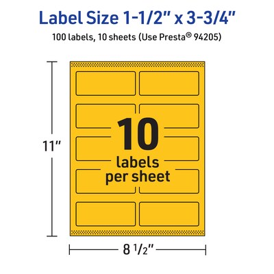 Avery Laser/Inkjet Rectangle Multipurpose Labels, 1.5" x 3.75", Bright Yellow, 100/Pack (94205)