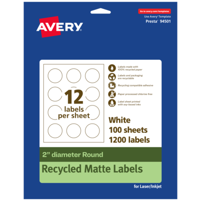 Avery Laser/Inkjet Round Multipurpose Labels, 2 Dia., White, 1200 Labels/Box  (94501)
