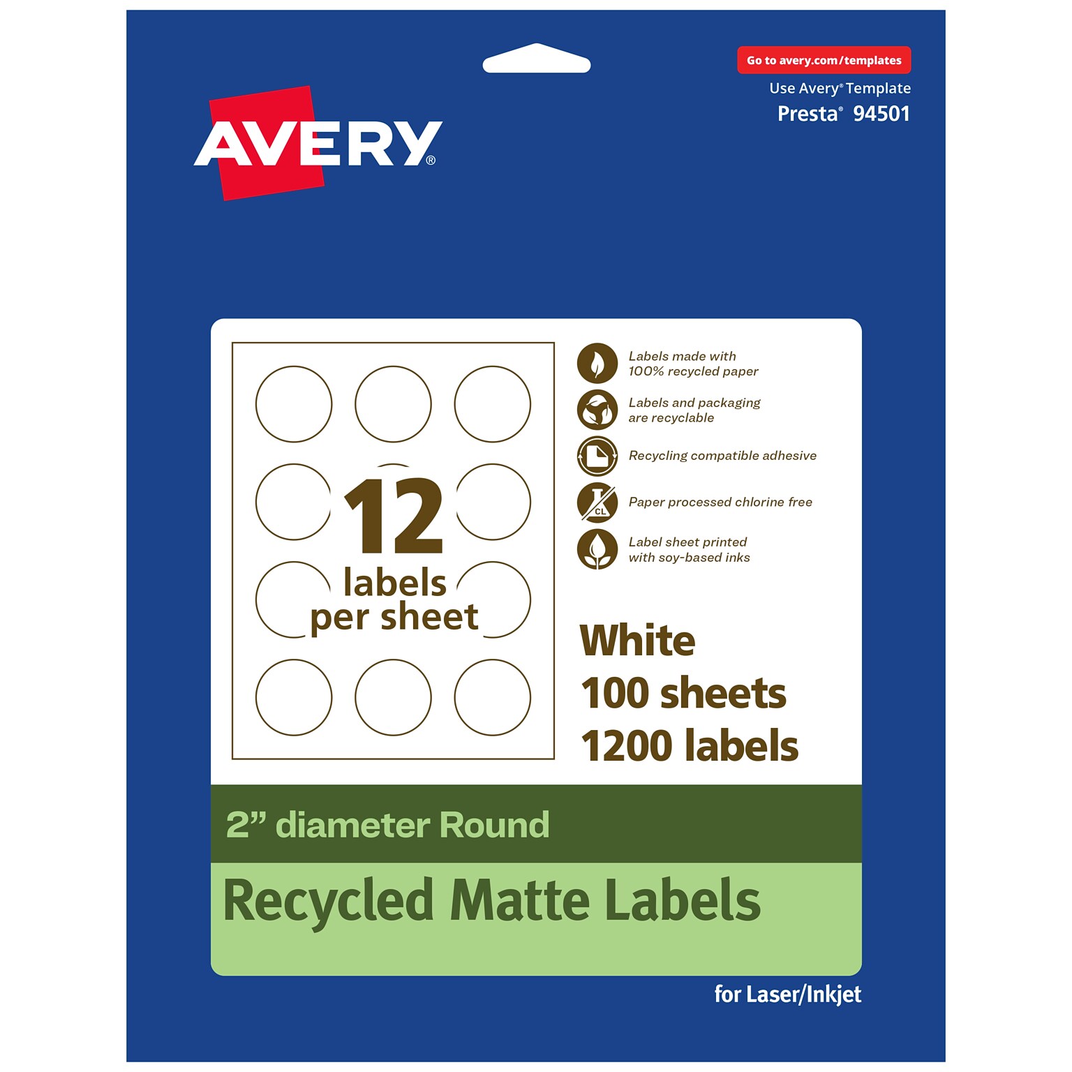 Avery Laser/Inkjet Round Multipurpose Labels, 2 Dia., White, 1200 Labels/Box  (94501)