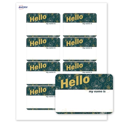 Avery Adhesive Name Tags, Pre-printed Teal & Gold Hello Design