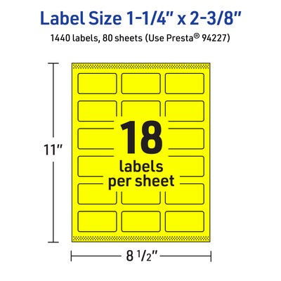 Avery Laser/Inkjet Multipurpose Rectangle Labels, 1-1/4" x 2-3/8", Neon Yellow, 1440/Box (94227)