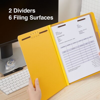 Quill Brand® 2/5-Cut Tab Pressboard Classification File Folders, 2-Partitions, 6-Fasteners, Letter, Yellow, 15/Box (738038)