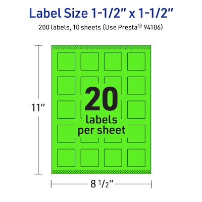 Avery Laser/Inkjet Multipurpose Square Labels, 1.5" x 1.5", Neon Green, 200/Pack (94106)