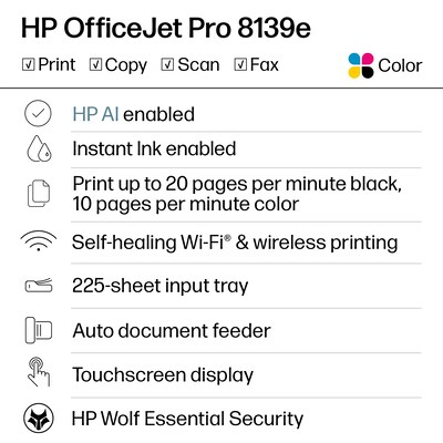 HP OfficeJet Pro 8139e Wireless Color Inkjet Printer, All-In-One, Print, Scan, Copy, Fax (40Q51A#B1H)