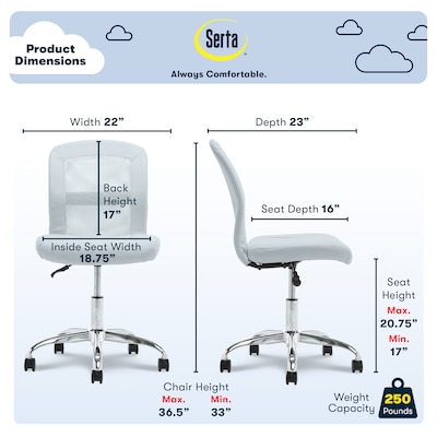 Serta Essentials Armless Ergonomic Bonded Leather/Mesh Swivel Task Chair, Blue (48740D)