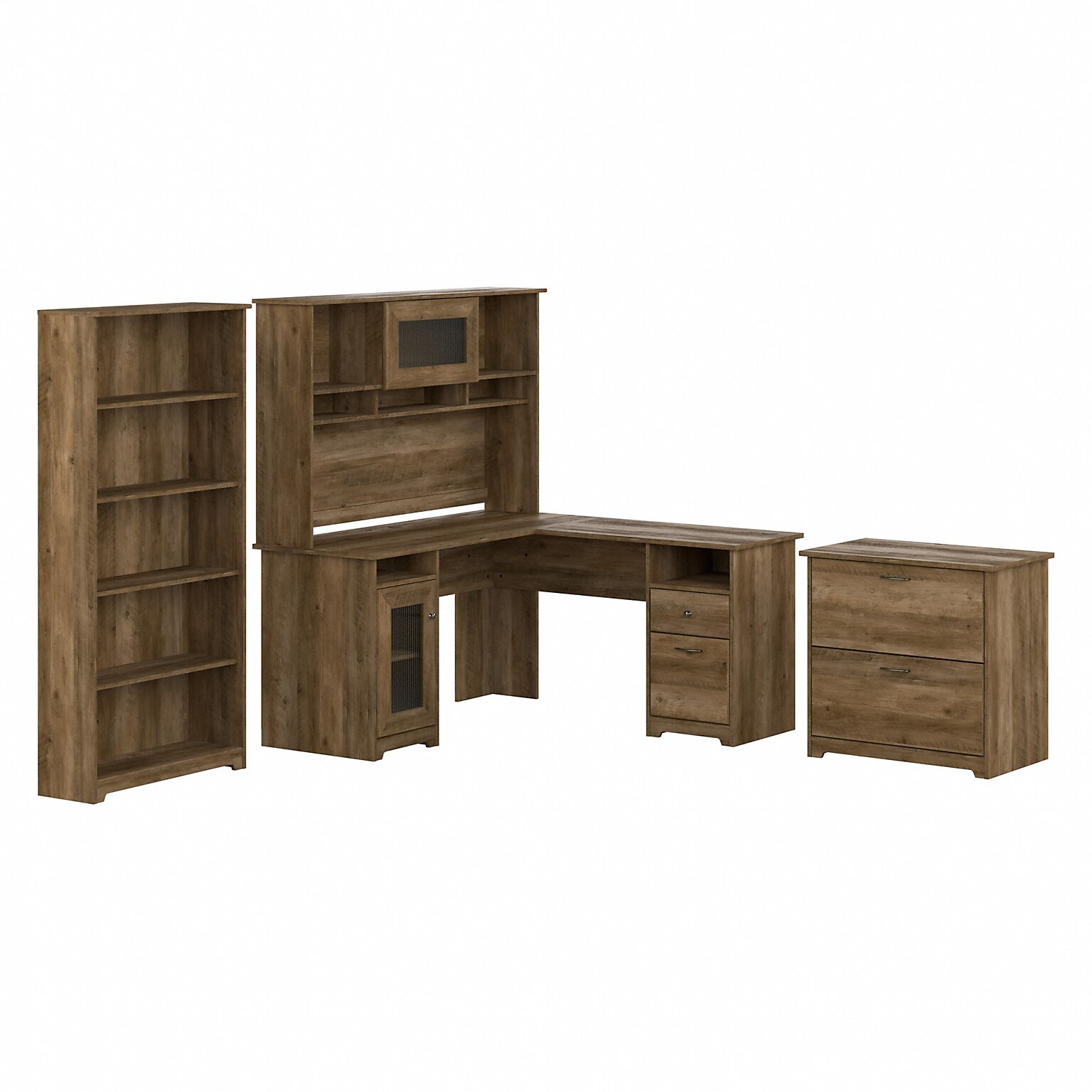 Bush Furniture Cabot 60W L Shaped Computer Desk with Hutch, File Cabinet and Bookcase, Reclaimed Pine (CAB010RCP)