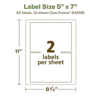 Avery EcoFriendly Laser/Inkjet Rectangle Multipurpose Labels, 5" x 7", White, 20/Pack (94258)