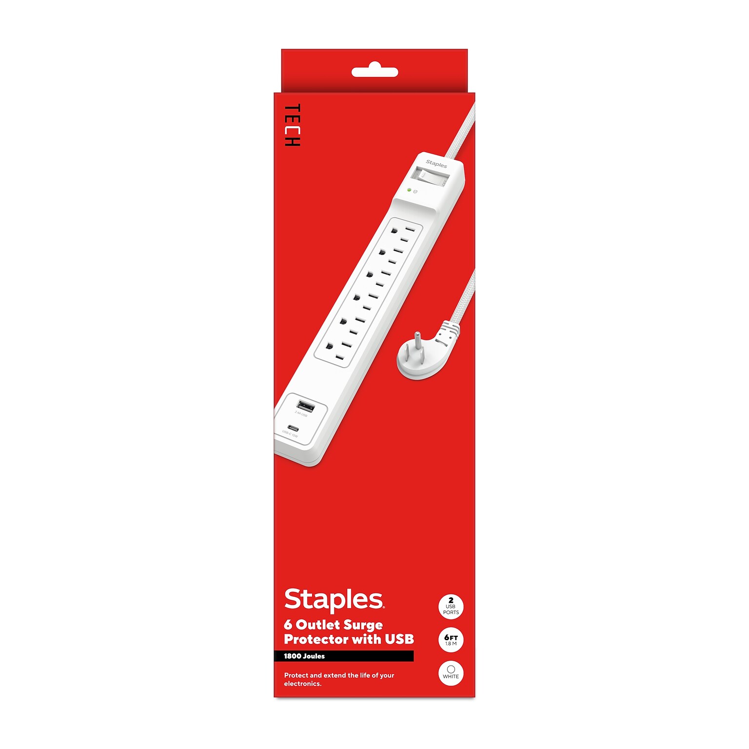 Staples TECH 6-Outlet 2-USB Port Surge Protector, 6, 1800 Joules, White (ST62777)