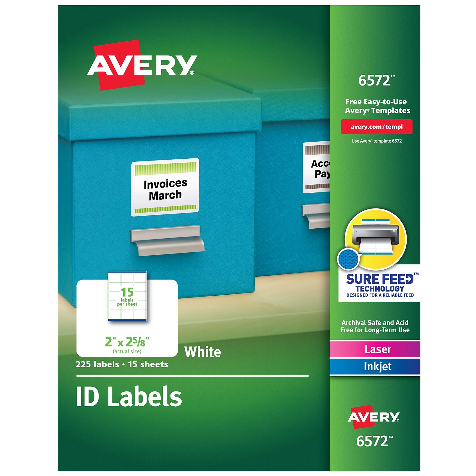 Avery Sure Feed Laser/Inkjet ID Labels, 2 x 2-5/8, White, 225 Labels/Pack (6572)