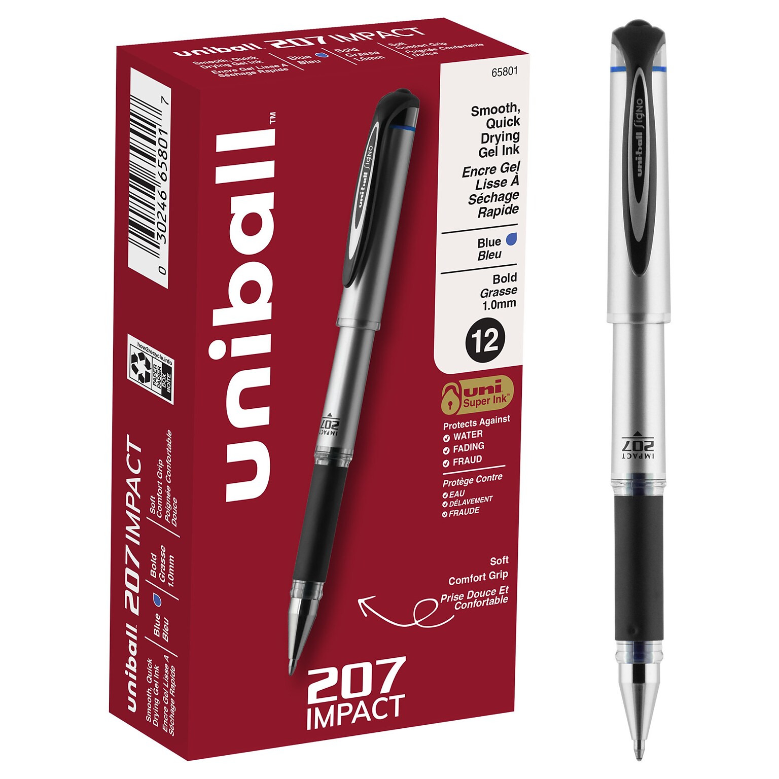 uni-ball 207 Impact Gel Pens, Bold Point, Blue Ink, 12/Pack (65801)