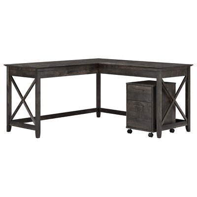 Bush Furniture Key West 60"W L Shaped Desk with 2 Drawer Mobile File Cabinet, Dark Gray Hickory (KWS013GH)
