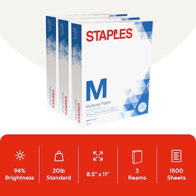 Staples Multiuse 8.5 x 11 Copy Paper, 20 lbs., 94 Brightness, 500/Ream, 3 Reams/Carton (51929)
