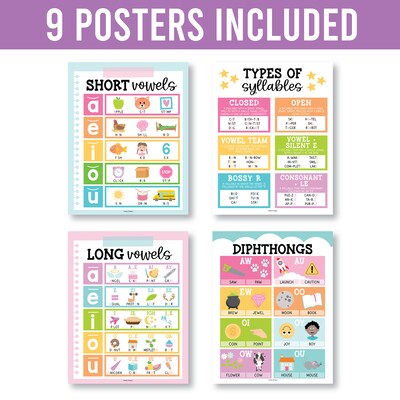 Hadley Designs 11" x 14" Colorful Sound Wall Phonics and Vowels English Posters, 9/Set (HDDX004ACFGFJ)
