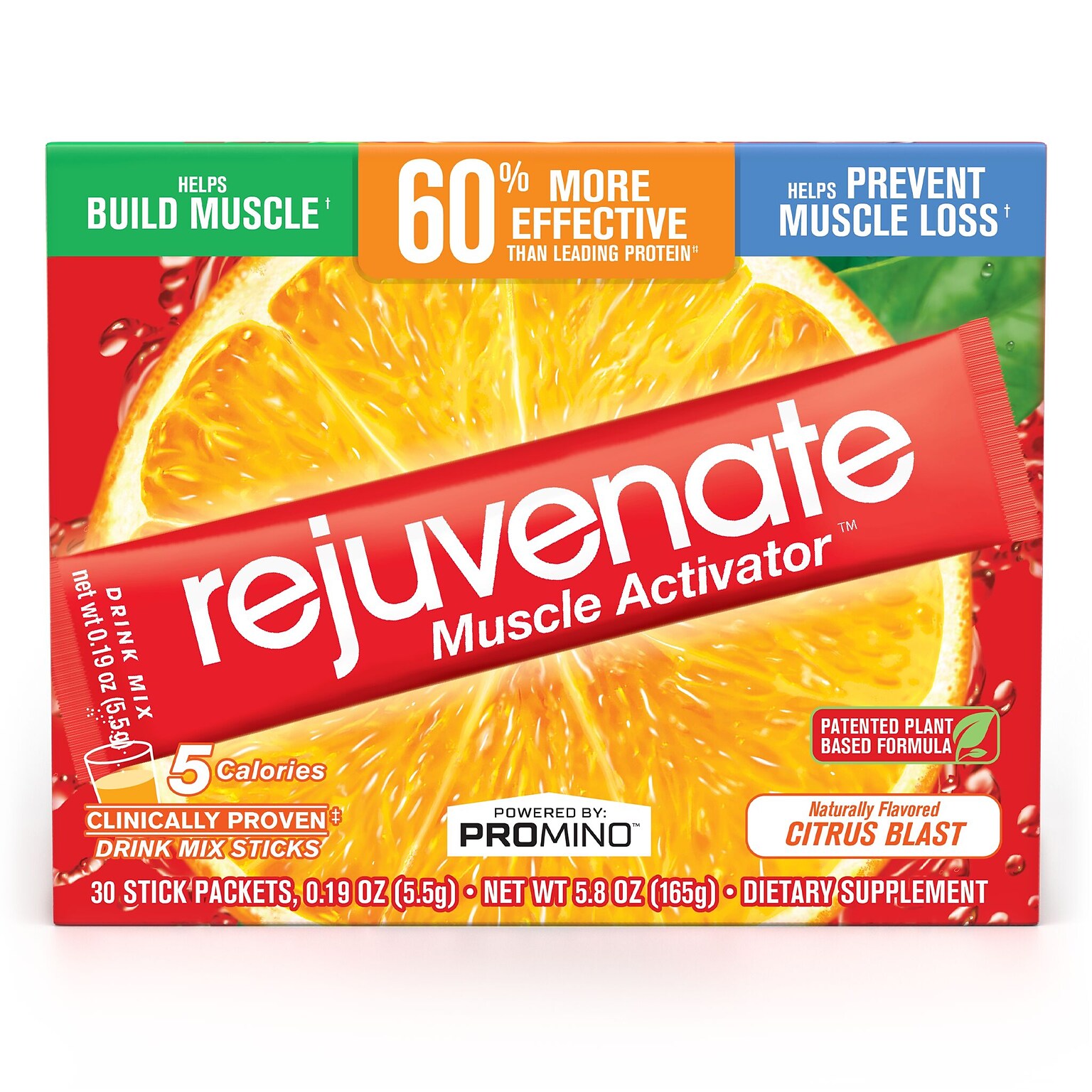 Rejuvenate Muscle Activator Drink Mix Sticks, Single Serving Protein Powder Packets to Go - Citrus Blast, 30 Count