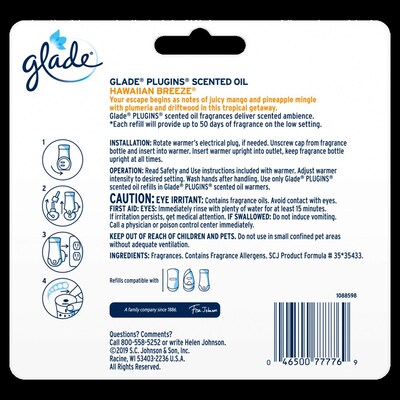 Glade PlugIns Scented Oil Warmer Refill, Hawaiian Breeze, 0.67 Fl. Oz., 5/Pack (315181EA)