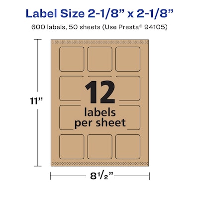 Avery Laser/Inkjet Square Multipurpose Labels, 2-1/8" x 2-1/8", Kraft Brown, 600 Labels/Box ( 94105)