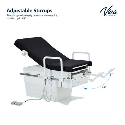 Viva Comfort Pointe Power Electric Pelvic Tilt Exam Table w/Stirrups, Knee Crutches, Hand Rails, 396lbs. Capacity, Black